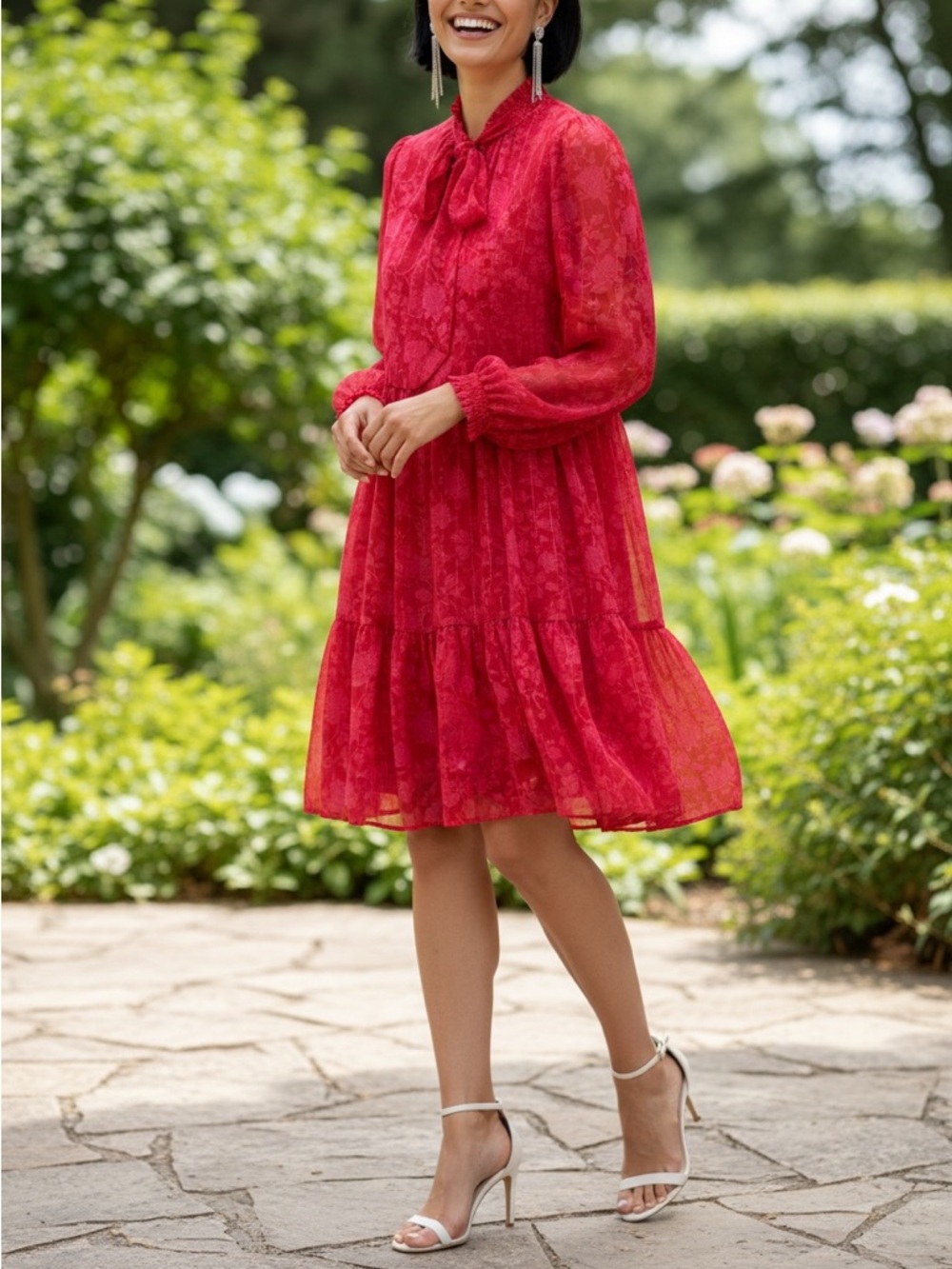 On 34th Tie-Neck Red Floral Tiered Long Sleeve Dress Size L